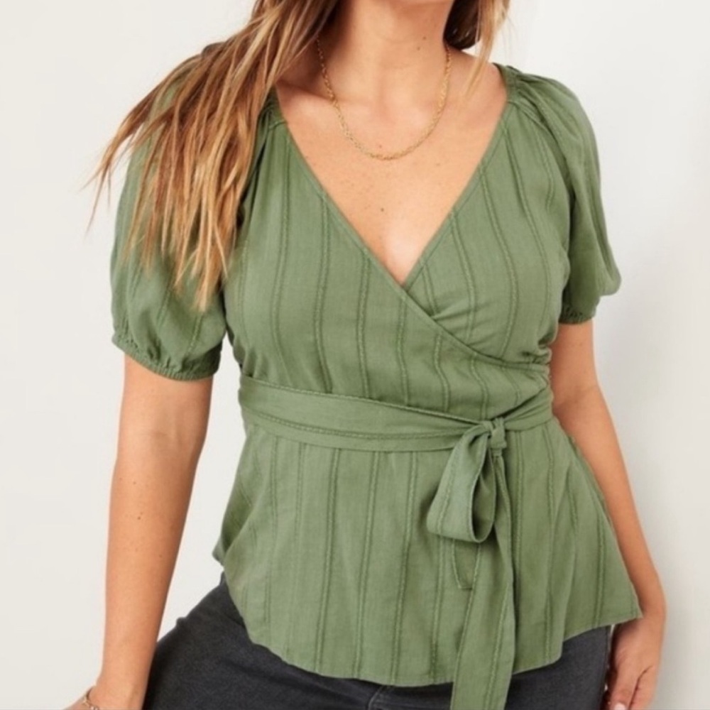 Olive Wrap Peplum Top with Tie Waist